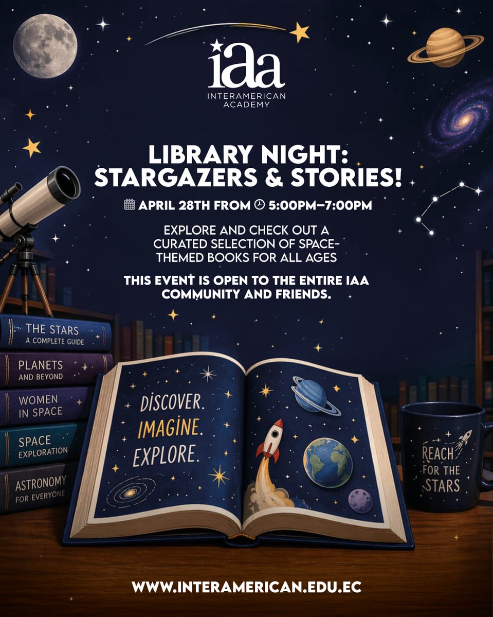InterAmericanEc's tweet image. 🌙📚✨ An evening where stories meet the stars…

Join us for IAA Library Night: Stargazers &amp;amp; Stories!, a magical experience designed to bring families together through reading, imagination, and discovery. 🌌💫

#LibraryNight #FamilyExperience #Belonging #GoSharks🦈