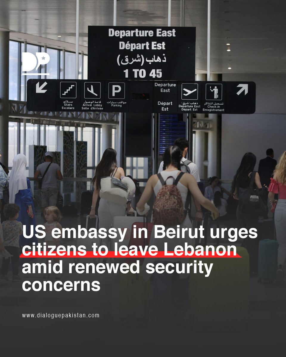 DialoguePak's tweet image. The US embassy in Beirut has renewed a security alert, urging US citizens to depart Lebanon while commercial flight options were still available.

In a statement, it said the security situation “remains complex and can change quickly”.

#DialoguePakistan #USEmbassy #Beirut