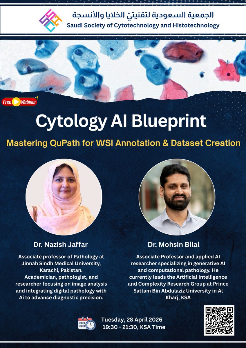 KSA_Cyto_Histo's tweet image. Cytology Al Blueprint - Free Webinar!

Learn how to master QuPath for WSI annotation &amp;amp; dataset creation with leading experts in pathology &amp;amp; Al.

📆28 April 2026

🕑7:30 PM (KSA)

Register:

aphc.ssch.org.sa/en/course/cyto…

#Cytology #Al #DigitalPathology #QuPath #Webinar