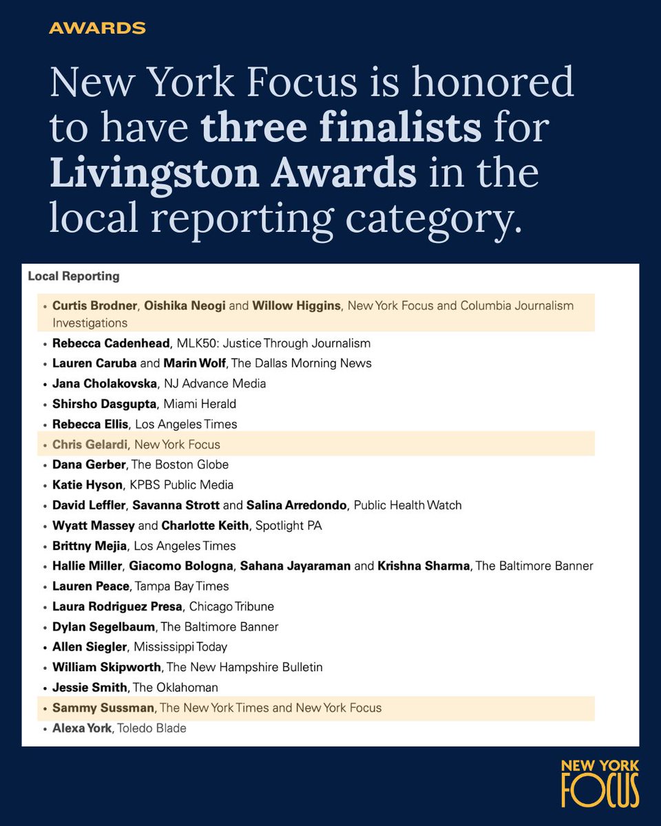 nysfocus's tweet photo. New York Focus is honored to have three finalists for Livingston Awards in the local reporting category. Congrats to all the finalists! https://t.co/DwmAWMhV3G