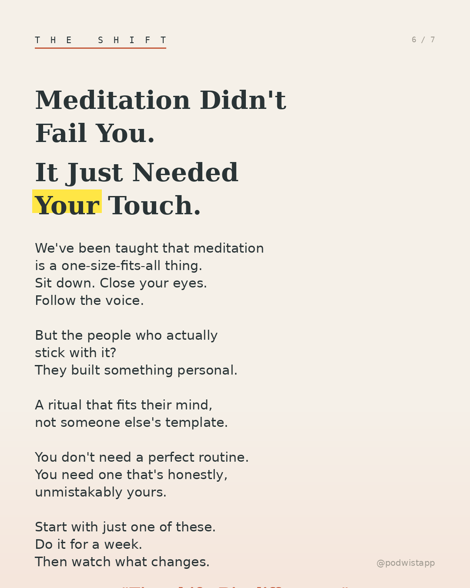 podwistapp's tweet image. ✔️ Just sit. Just breathe, 10 minutes. No prompts. Just stillness.

The rituals that stick are the ones you design yourself.

Start with one. See what shifts. 🌱

#meditationrituals #mindfulness #dailyhabits #meditationpractice #innerpeace #selfgrowth #mindfulmorning #journaling