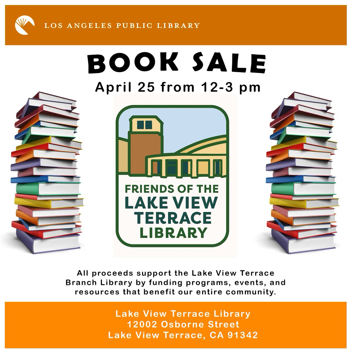 LVTLAPL's tweet photo. Lake View Terrace Friends of the Library Book Sale
April 25 from 12-3 pm

Join us for a fantastic book sale featuring a wide selection of books! All proceeds support the library!

#lapl #lakeviewterrace #publiclibrary #booksale https://t.co/D3nd6dEJGg