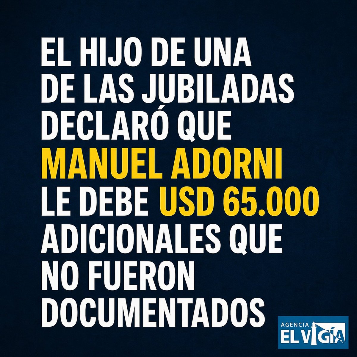 📍 Escándalo judicial en crecimiento

El hijo de una de las jubiladas involucradas declaró que Manuel Adorni le debe USD 65.000 adicionales que no fueron documentados.

Según el testimonio ante la Justicia:
👉 El dinero correspondería a refacciones de un departamento
👉 El