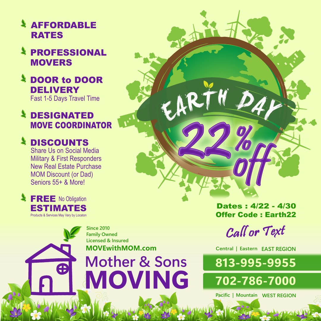 MOVEwithMOM's tweet photo. Earth Day : 4/22 - 4/30 🍃
SAVE 22% Off your Move!
Call or Text ☎️ 813-995-9955
https://t.co/P0BE3qcI9N 
#EarthDay https://t.co/OJ3rHfxrSV