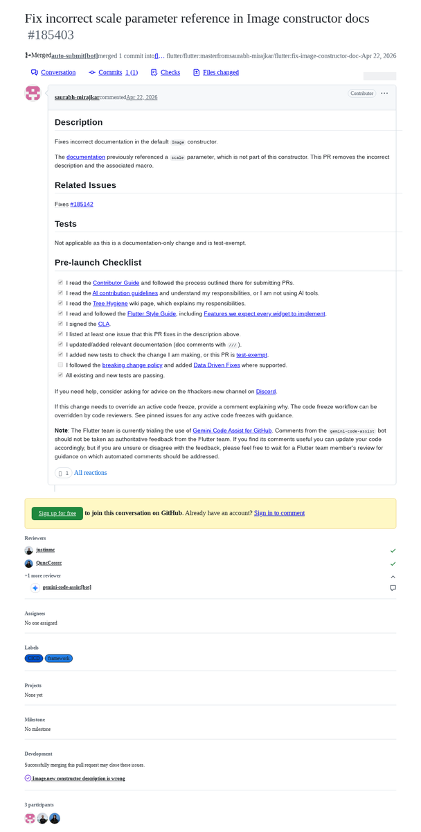 FlutterMerge's tweet photo. "Fix incorrect scale parameter reference in Image constructor docs" by saurabh-mirajkar was merged into #Flutter master https://t.co/EWkTqnz4SK https://t.co/Gub4TEVMW9