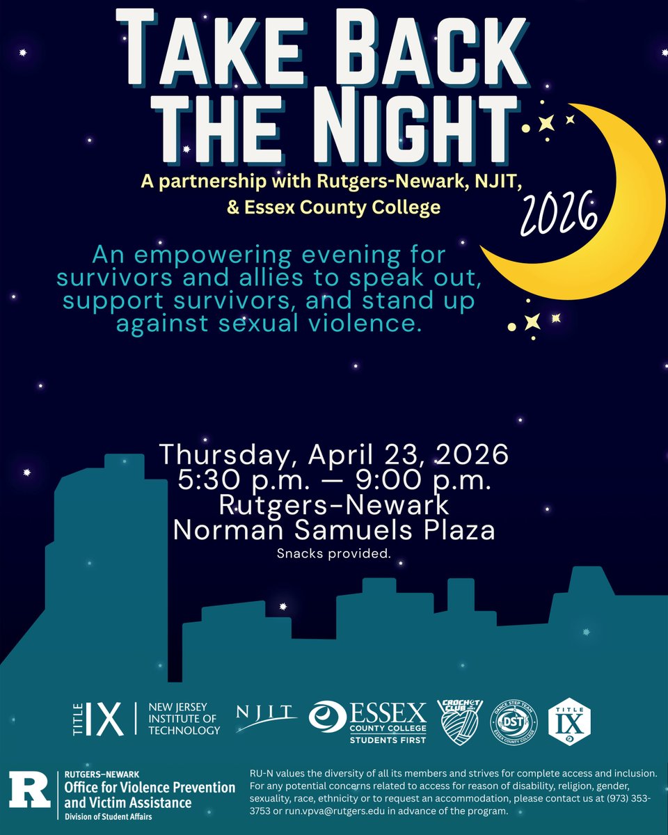 SLAOEssex's tweet image. We've partnered with Rutgers and NJIT for TAKE BACK THE NIGHT, happening on Thursday 4/23 at R-N's Norman Samuels Plaza. Speak out &amp;amp; stand up against sexual violence with your community!

#studentsfirst #essexcountycollege #TakeBackTheNight #Rutgers #NJIT