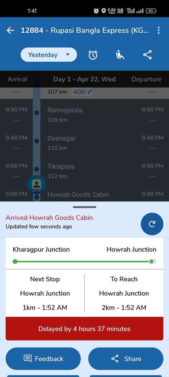 anils6303's tweet photo. @AshwiniVaishnaw Currently facing Great Harassment in this train, it had to reach 9:15pm to Howrah but still waiting just 1km outside station. I am tweeting this because I am not sure this train will take 2-3hrs more to complete that 1km. It is stopping every single station. https://t.co/lzNTNytqBK