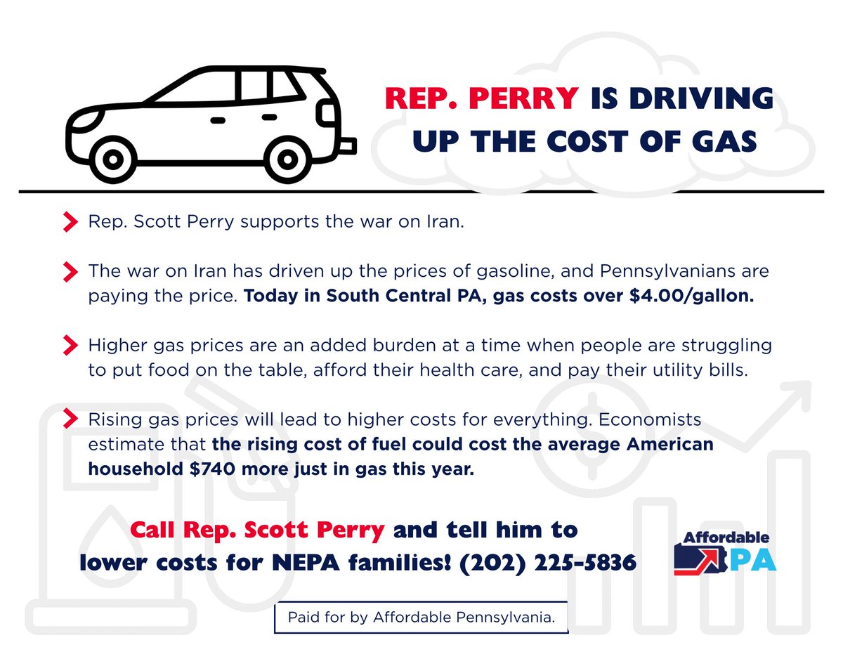 AffordablePA's tweet photo. 📈Gas prices in the South Central PA are over $4/gal. Attendees at last night’s York Revolution game saw how @RepScottPerry’s support for the Iran War is driving gas prices sky high. Rising fuel prices could cost households $740 more just in gas this year. https://t.co/nqthCQd0rC