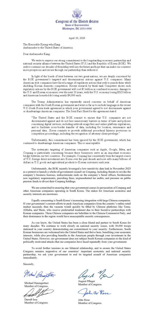 RepublicanStudy's tweet image. 🚨 South Korea is actively discriminating AGAINST American companies.

53 House Republicans led by @RepBaumgartner just put them on notice.

You don't get to weaponize your regulatory system against American companies and call yourself an ally.