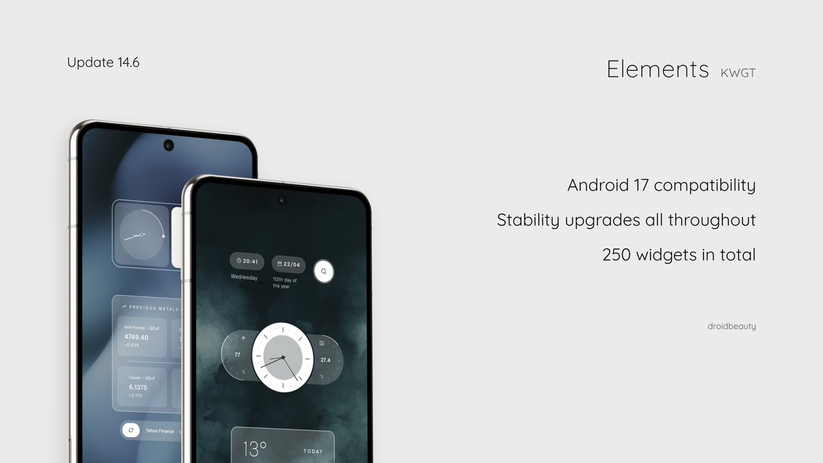 droidbeauty's tweet image. 👀

It starts here - Elements is the 1st pack in the lineup to move onto Android 17 support 🎉

The rest of the lineup will follow within next few days. Make sure you run the latest version of my apps 🔥

→ bit.ly/droidbeauty

#kwgt #ui #widget #theme #design #kustom