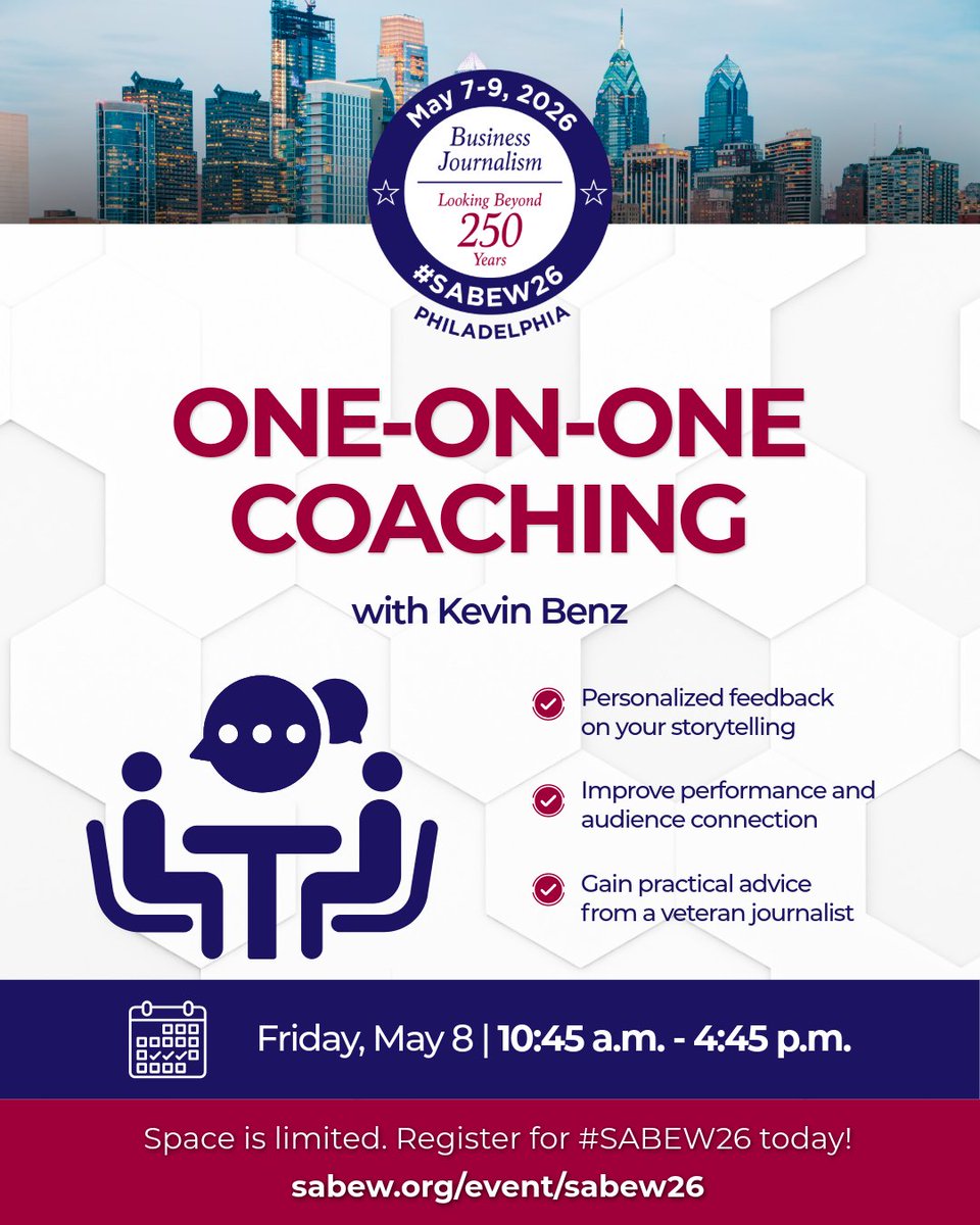 SABEW's tweet photo. #SABEW26 offers more than sessions:

📷 1:1 coaching with Kevin Benz
📷 Mentoring with editors and hiring managers
Get feedback, refine your pitch, and build connections.

May 7–9 | Philadelphia
Register: https://t.co/ZoblntxvZG https://t.co/jnzTjcp2bJ