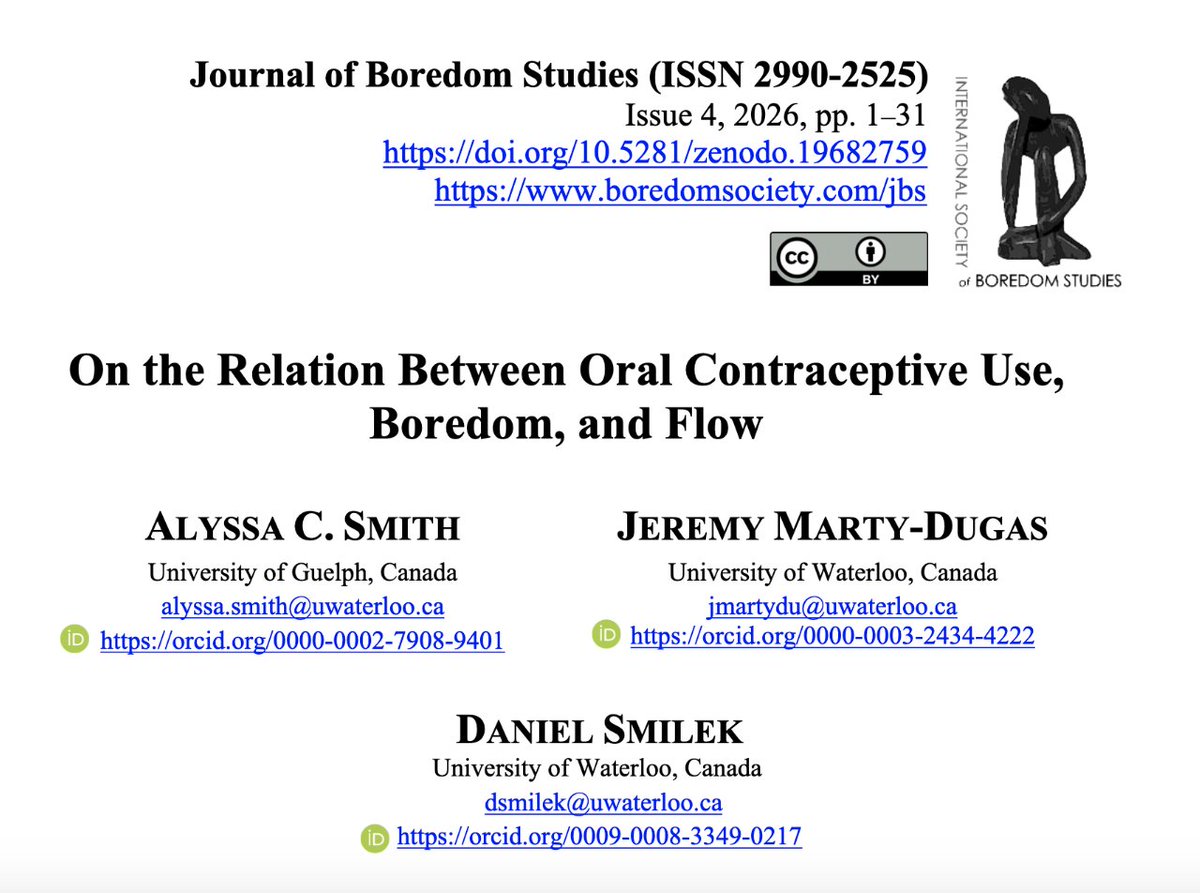 BoredomSociety's tweet image. Now published (Journal of Boredom Studies): “On the Relation Between Oral Contraceptive Use, #Boredom, and #Flow”, by A. C. Smith, J. Marty-Dugas, D. Smilek. OC use is linked to slightly lower boredom proneness, while flow remains unaffected. boredomsociety.com/jbs/index.php/….