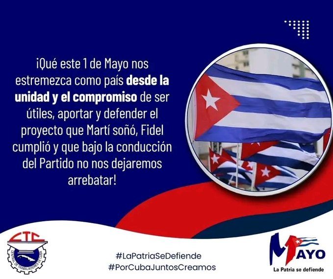 Mayra8513662315's tweet photo. Celebrar el Primero de Mayo es demostrar la unidad de los cubanos y su patriotismo.
#LaPatriaSeDefiende
#PorCubaJuntosCreamos
#MincinCuba
#universalgranma
#mzllounigranma https://t.co/PTzDvxoHWt