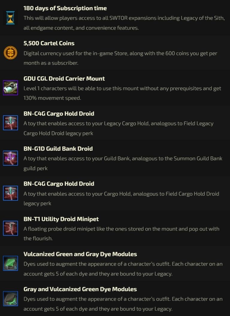 Vulkk's tweet photo. If you are reading regularly our Bundle overviews, you will not be surprised by our evaluation of the newest one either: It's a great deal for loyal and regular #SWTOR players.

https://t.co/8IfvMwTXNA https://t.co/FifX3HChCq
