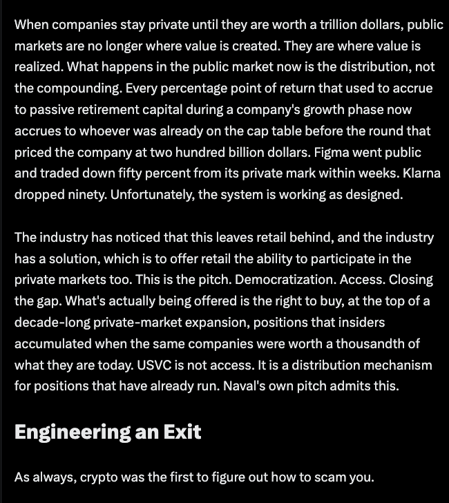 tulipking's tweet photo. the american system relies on delivering returns in the public markets , you can't let that be subverted by private markets unless we're ready to replace 401K(s) with pensions &amp; UBI https://t.co/RpEuZbVjxi