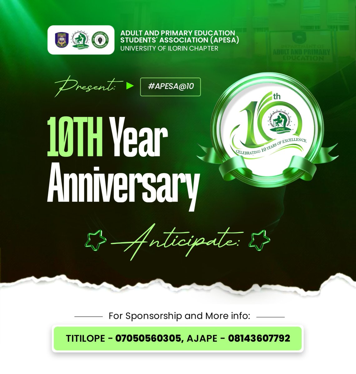 ApesaUil's tweet photo. 🎓CELEBRATING 10 YEARS OF EXCELLENCE!🎉
A decade of impact.
A decade of growth.
A decade of raising standards and shaping minds.
APESA@10 — Anticipate. 👀🔥
#APESA@10
#VisionaryImpactAdministration
#APESAUIL https://t.co/yiOWgIgdWR