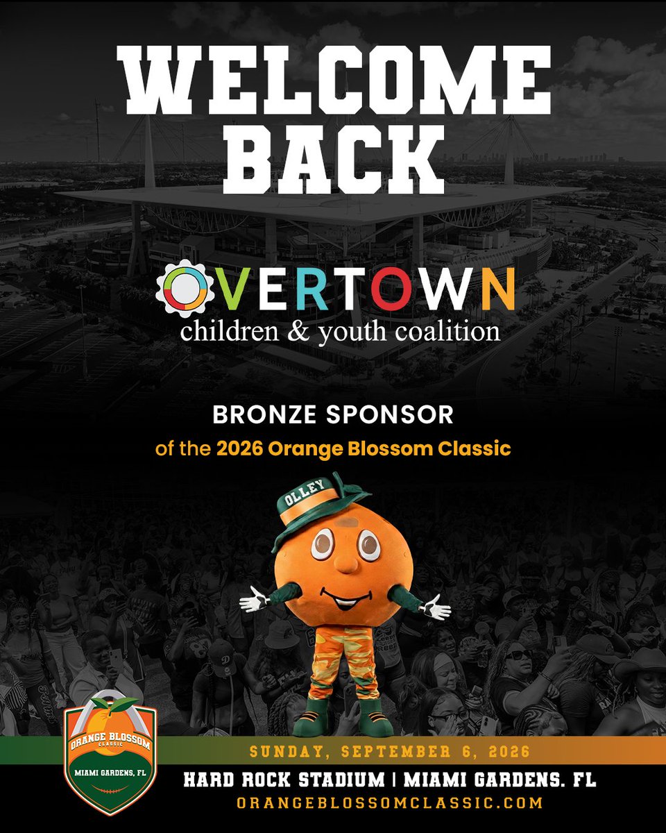 orangeblossomfc's tweet photo. Welcome back to the Orange Blossom Classic.
Weโre proud to partner with the @OvertownCyc, a Bronze Sponsor of the 2026 Orange Blossom Classic.
Investing in our youth, our community, and the future weโre building together.
#OBC2026 #OneBigCommunity #HBCUWeekend https://t.co/AsyxvOcrAM
