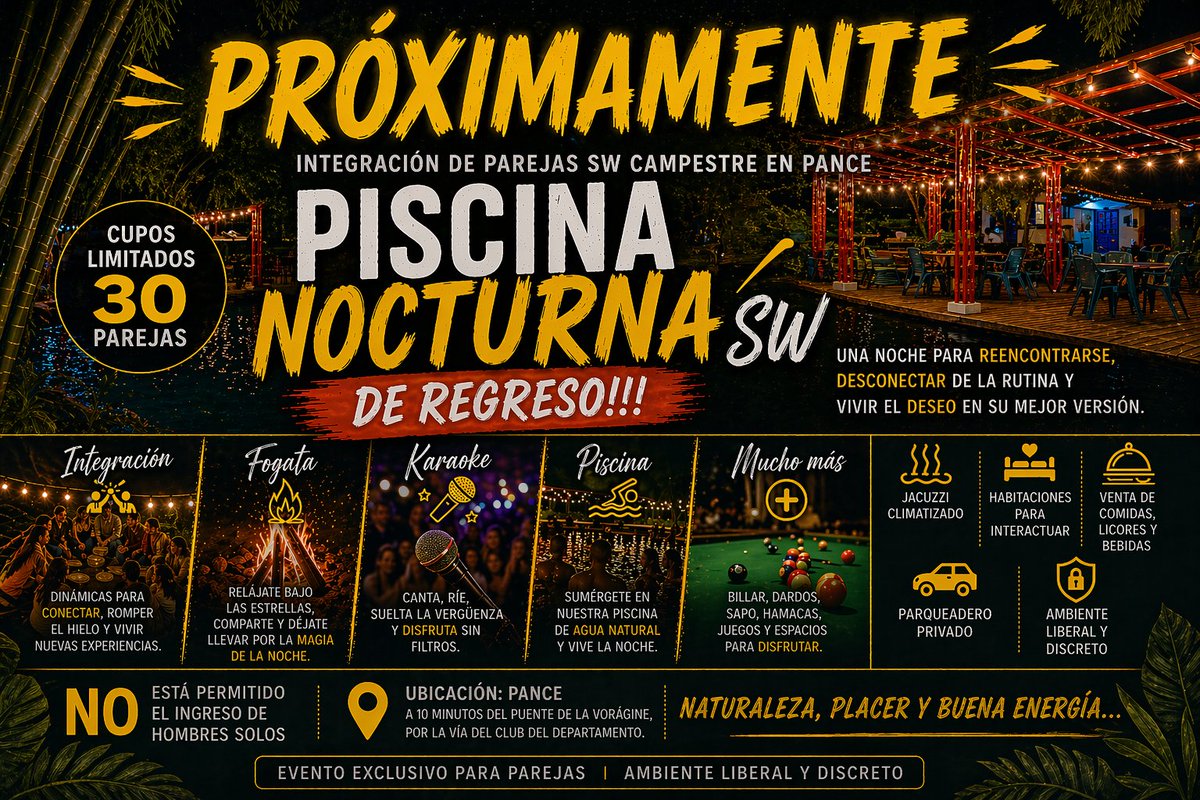 cali_openmind's tweet photo. 🔥 PRÓXIMAMENTE 🔥
💫 Piscina Nocturna SW – De regreso!!!
Noche para parejas que buscan conexión, diversión y experiencias 😈
🔥 Fogata + integración + 🎤 Karaoke
💦 Piscina + jacuzzi + Turco
🎱 Zona de juegos
🚫 Solo parejas - ⚠️ 30 cupos
¿Te atreves?
#CaliOpenMind #ParejasSW https://t.co/2JtECdaiwg