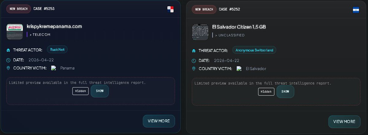 VECERTRadar's tweet photo. 🚨 CYBERSECURITY ALERT: MASSIVE DATA LEAKS IN CENTRAL AMERICA (PANAMA AND EL SALVADOR) 🇵🇦🇸🇻⚠️

Two high-impact data exfiltration incidents have been detected, affecting both the commercial sector in Panama and citizen privacy in El Salvador. The attacks were reported on April 22, 2026, by distinct groups of threat actors.

🍩 Krispy Kreme Panama (Case #5253)

🏢 Affected Entity: Krispy Kreme Panama (https://t.co/7gt6LOu8Mc).

👤 Threat Actor: RuskiNet.

📂 Exposed Data: Customer information, possibly including order records, email addresses, and contact details.

📊 Format: The attacker claims to possess files in SQL and CSV formats, noting that the SQL file contains the complete database.

2. 🇸🇻 Citizens of El Salvador (Case #5252)

🏢 Affected Entity: El Salvador Citizen Registry (Exact origin unclassified).

👤 Threat Actor: Anonymous Switzerland.

📂 Volume: 1.5 GB of sensitive information.

📊 Content: Phone numbers, email addresses, full names, and "much more information."

⚠️ Motivation: Hacktivism.

⚠️ Risk Implications (VECERT Intelligence)

Social Engineering and Phishing: The Krispy Kreme leak enables scams targeting local consumers through fake promotions designed to capture credit card data.

Massive Privacy Breach: In El Salvador, the exposure of 1.5 GB of citizen data facilitates doxing, telephone extortion, and large-scale identity theft.

Physical Security Risk: The combination of names with phone numbers and email addresses—particularly in regions with high crime rates—poses a direct danger to the physical safety of those affected. Intelligence 

Monitor: https://t.co/wk9bZJ3laQ

🛡️ "Information gathered through the monitoring of hacktivism networks and data breach marketplaces. VECERT provides this alert for the proactive mitigation of risk in the region."

#CyberSecurity #Panama #ElSalvador #KrispyKreme #DataBreach #Anonymous #RuskiNet #VECERT #Ciberseguridad #InfoSec #PII 🇵🇦🇸🇻🛡️⚠️