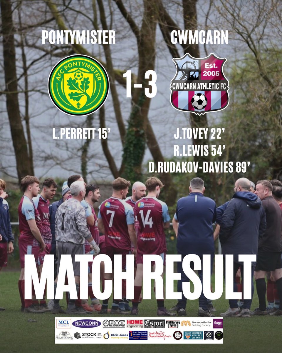Today’s Result!⚽️

<a href="/ACPontymister/">AFC Pontymister (seniors)</a> 1–3 First Team

Scorers:
⚽️ Jack Tovey
⚽️ Ryan Lewis
⚽️ Dayten Rudakov-Davies

MOTM: Naz George

A strong performance to secure all three points on the road, coming from 1-0 down and completing the double over Pontymister.

#UppaCarn | 🟣🔵