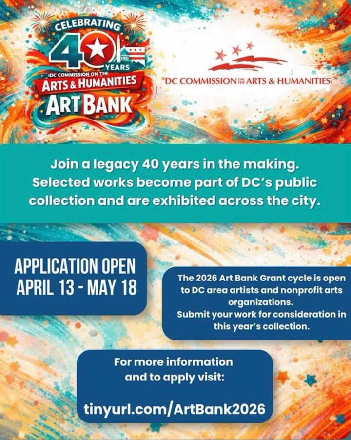 AnacostiaBID's tweet image. 🎨 DC Artists: The 2026 Art Bank Grant cycle is OPEN! 🏛️

Be part of a 40-year legacy. Selected works join DC’s public collection and will be exhibited city-wide. 🏙️

📅 Deadline: May 18
🔗 Apply here: tinyurl.com/ArtBank2026

#DCArts #ArtBank2026 #PublicArt #DCArtists