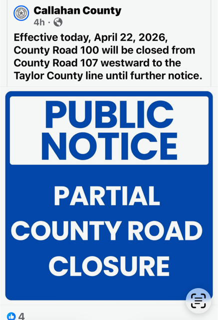 EulaISD's tweet photo. Parents of students who ride Mrs. Stewart's bus, Hamby area, will be 5-10 minutes later today due to the bridge on CR 100 at Dead Man's Creek being out of service.  In the morning expect the bus to be 5-10 minutes early.  Unsure of how long the road will be closed. https://t.co/ONPctyFT0p