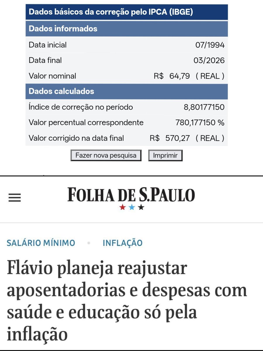 <a href="/JefinhoMenes/">Jéferfon Menezes</a> “Flávio Bolsonaro anunciou que planeja reajustar aposentadorias só pela inflação.

Então eu decidi dar uma mãozinha e calculei quanto seria o valor base da aposentadoria hoje se esse plano tivesse sido implementado desde o plano real.

R$570,27

De nada.