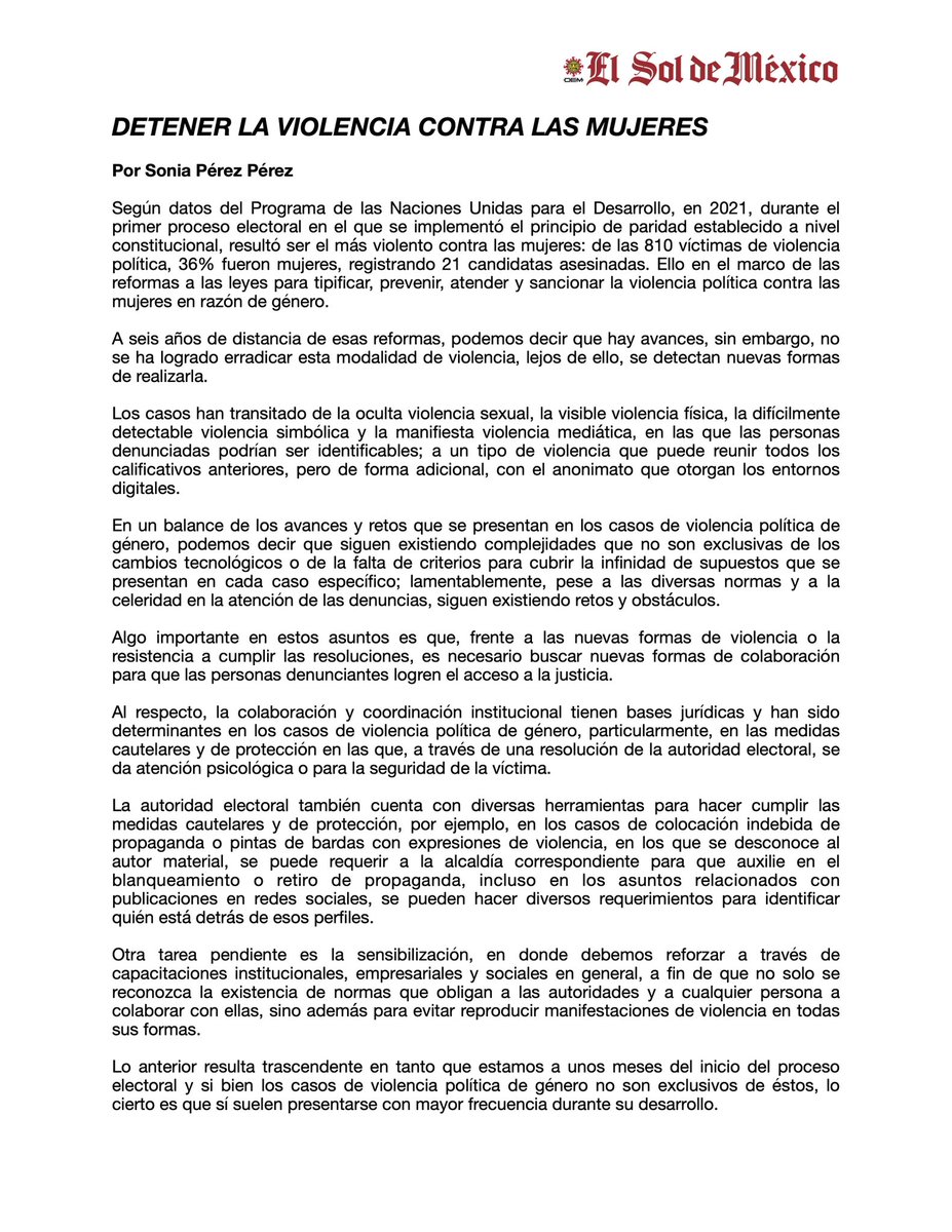 soniaperezmx's tweet photo. La violencia política contra las mujeres no ha desaparecido: evoluciona y hoy se oculta también en el anonimato digital. Frente a ello, la coordinación institucional y la sensibilización son clave. Te invito a leer mi columna en @elsolde_mexico sobre avances y retos. @iecm https://t.co/SKZHyakXBL