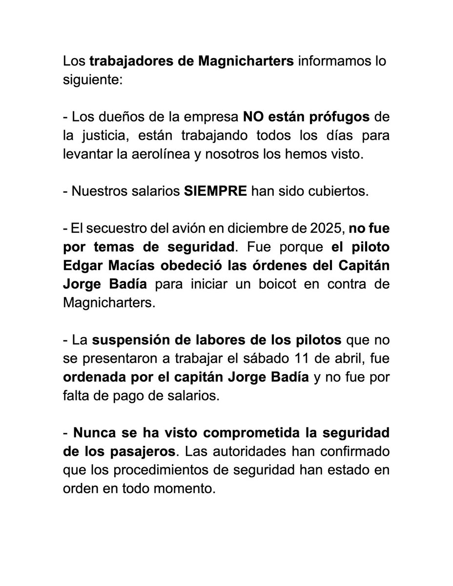 EmpleadosMagni's tweet photo. Es hora de hablar. Porque los trabajares de #Magnicharters, @Magnicharters también tenemos voz. https://t.co/QTRZtOtv1b