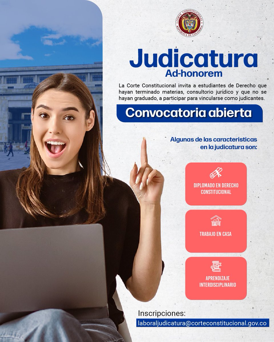 #LaCorteInforma 📷| Convocatoria abierta para realizar la judicatura en la Corte Constitucional.
Toda la información en el siguiente link
📷corteconstitucional.gov.co/.../judicante/…