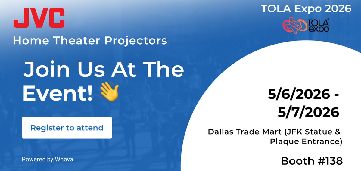 JVC_USA's tweet image. Join @JVC_USA Home Theater Projectors May 6th and 7th in Dallas as they exhibit for the first time at the TOLA Expo. Receive your complimentary pass. bit.ly/4mLjiZ2

Please note that TOLA Expo is NOT open to the general public.
 
#JVC #JVCProjectors #HomeTheater #TOLA