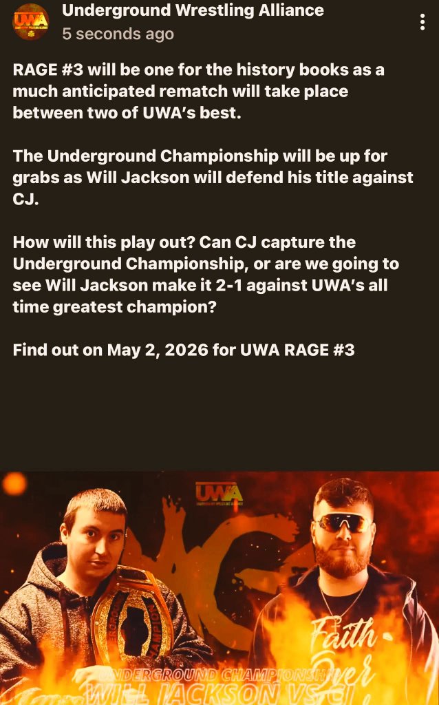 SVBW2018's tweet photo. UWA Rage No. 3 is set for Saturday May 2nd, 2026. On that date, we will see a legendary rivalry continue for two of UWA's best. As CJ will once again challenge Underground Champion Will Jackson for the Underground Championship. This is sure to be a fantastic matchup. Tune In! https://t.co/IcoSMG3NQk