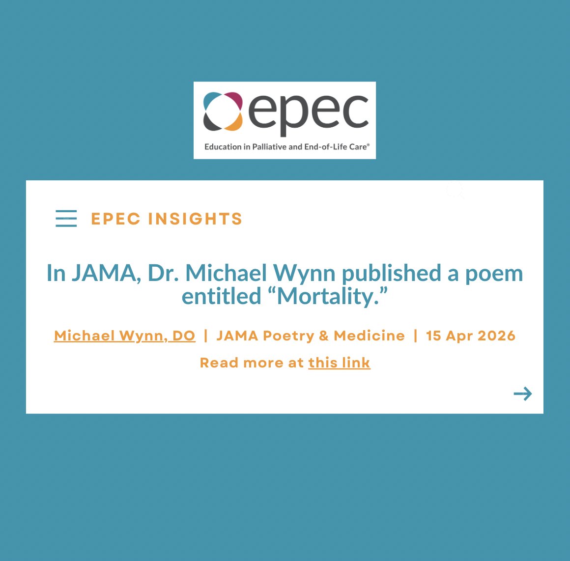 EPEC_Palliative's tweet photo. In JAMA, Dr. Michael Wynn published a poem entitled “Mortality.”

https://t.co/A1FQrGukmI https://t.co/kaukeUsjSI