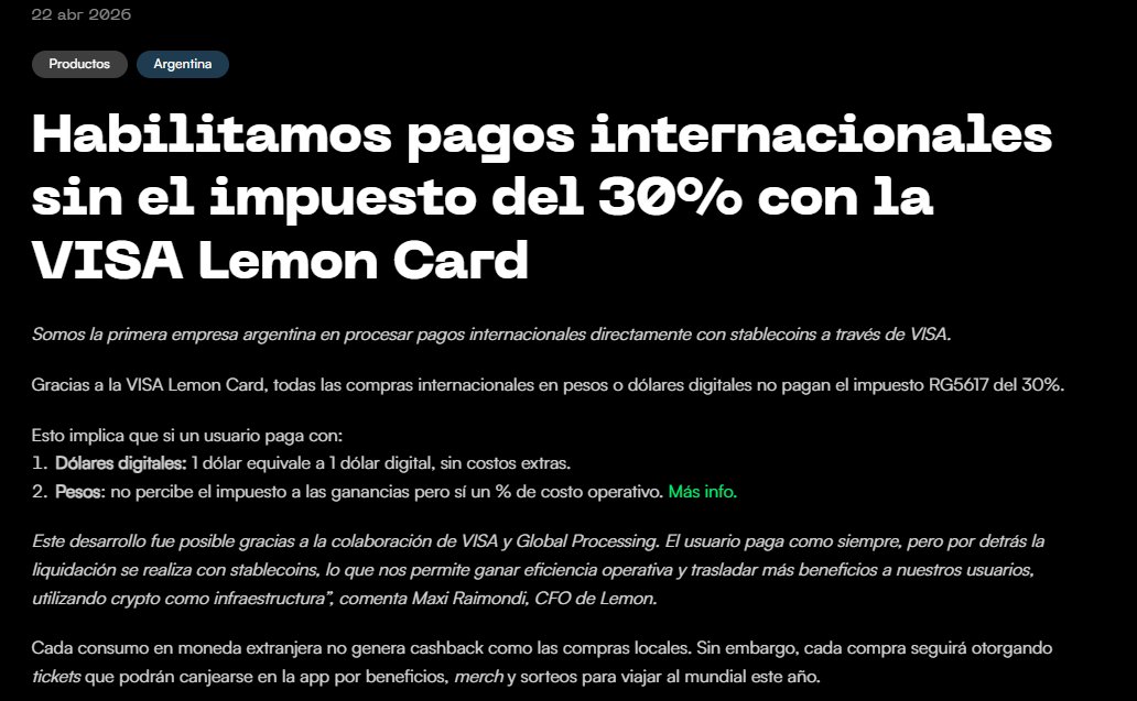 JPAperiodista's tweet photo. 🍋Desde ahora, @lemonapp_ar permitirá realizar compras internacionales en pesos o dólares digitales con su tarjeta VISA sin la percepción RG5617 del 30%. https://t.co/RrTqHh3hHA