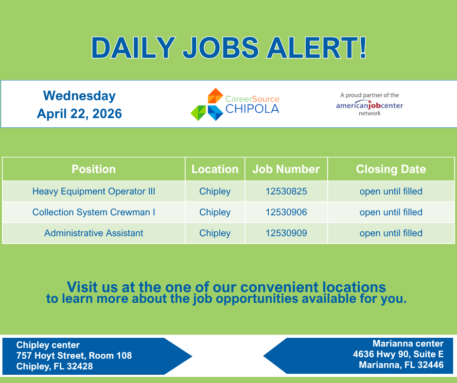 CSChipola's tweet image. #Attention #jobseekers come in and learn about the jobs available in #BlountstownFL #CalhounCountyFL #ChipleyFL #WashingtonCountyFL #MariannaFL #JacksonCountyFL
#CSCWorks #opportunityknocks