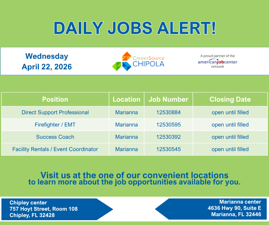 CSChipola's tweet image. #Attention #jobseekers come in and learn about the jobs available in #BlountstownFL #CalhounCountyFL #ChipleyFL #WashingtonCountyFL #MariannaFL #JacksonCountyFL
#CSCWorks #opportunityknocks