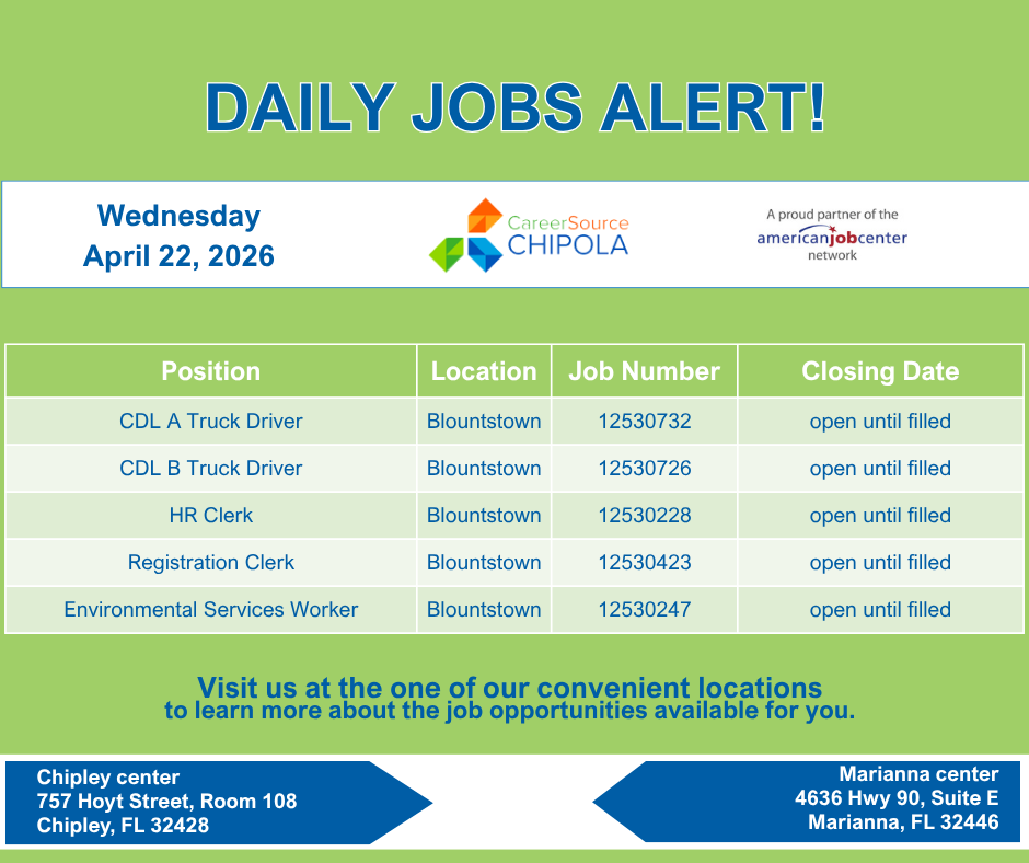 CSChipola's tweet image. #Attention #jobseekers come in and learn about the jobs available in #BlountstownFL #CalhounCountyFL #ChipleyFL #WashingtonCountyFL #MariannaFL #JacksonCountyFL
#CSCWorks #opportunityknocks