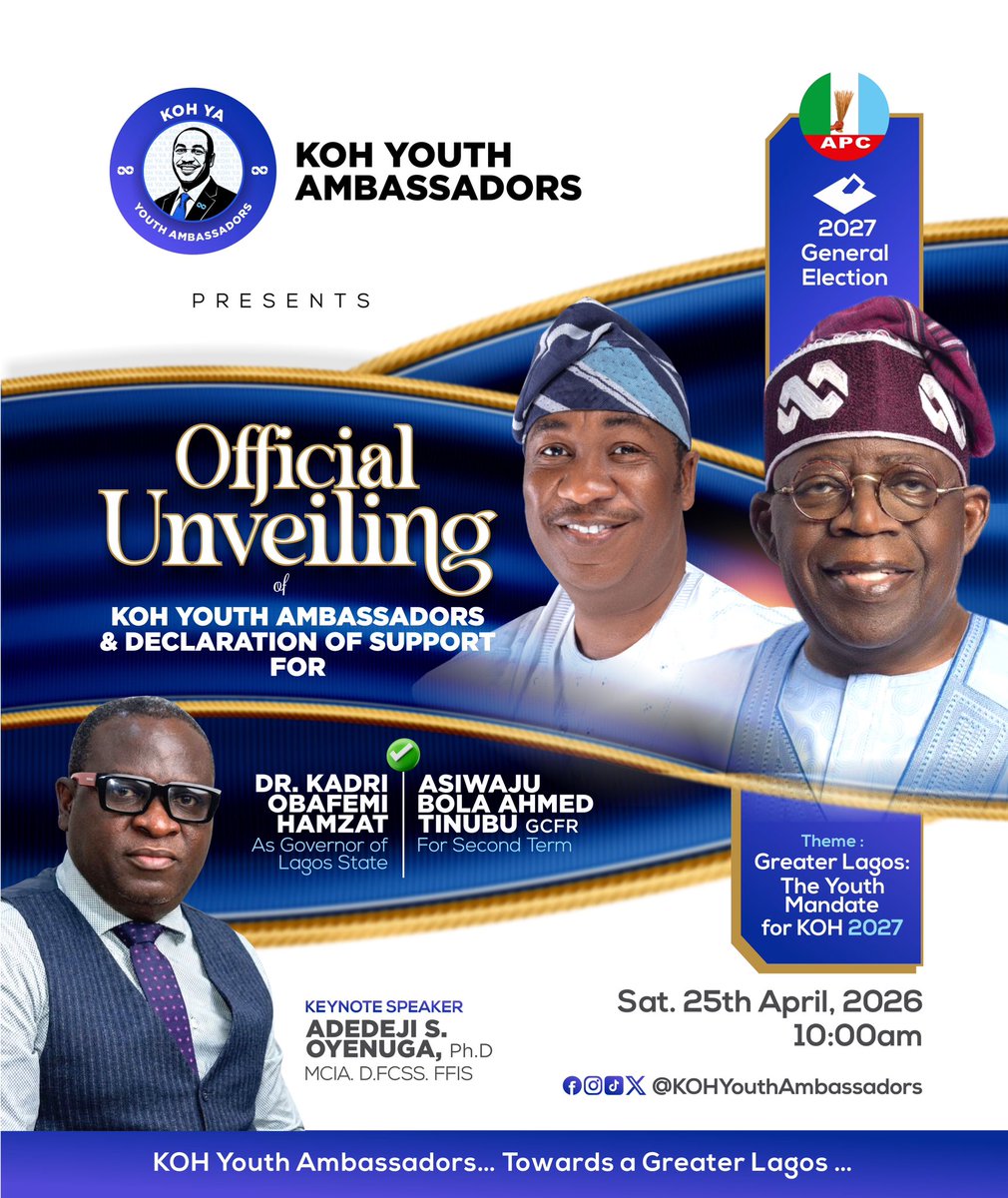 KOHYouth's tweet photo. 🎤Keynote Speaker:
Prof. Adedeji S. Oyenuga, Ph.D.
MCIA, D.FCSS, FFIS

Theme:
Greater Lagos: The Youth Mandate for KOH 2027

Together, we are not just the future, we are the voice of today.

@drobafemihamzat 
#KOHYA27
 #GreaterLagos https://t.co/KYY9AFAZps