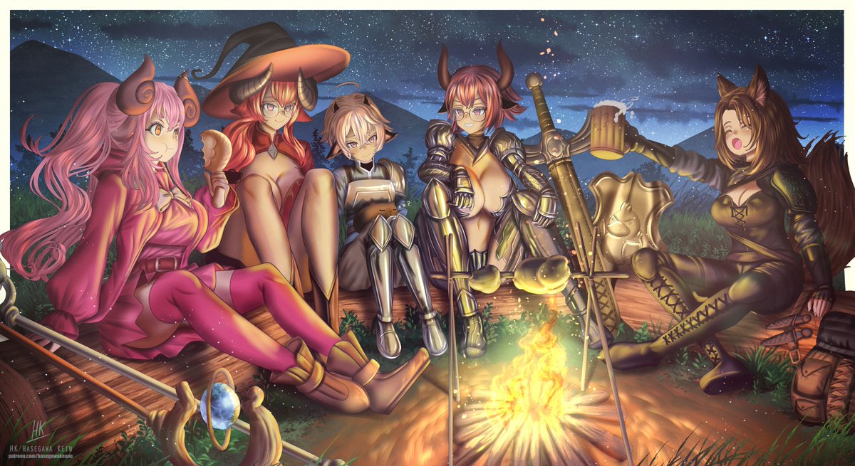 CM for Pepper of his cute OC Fuuru and friends having a  party after a fight. ⚔️🛡️🧙‍♀️
from right to left: Goodie, Sage, Zizi, Fuuru and Kat.