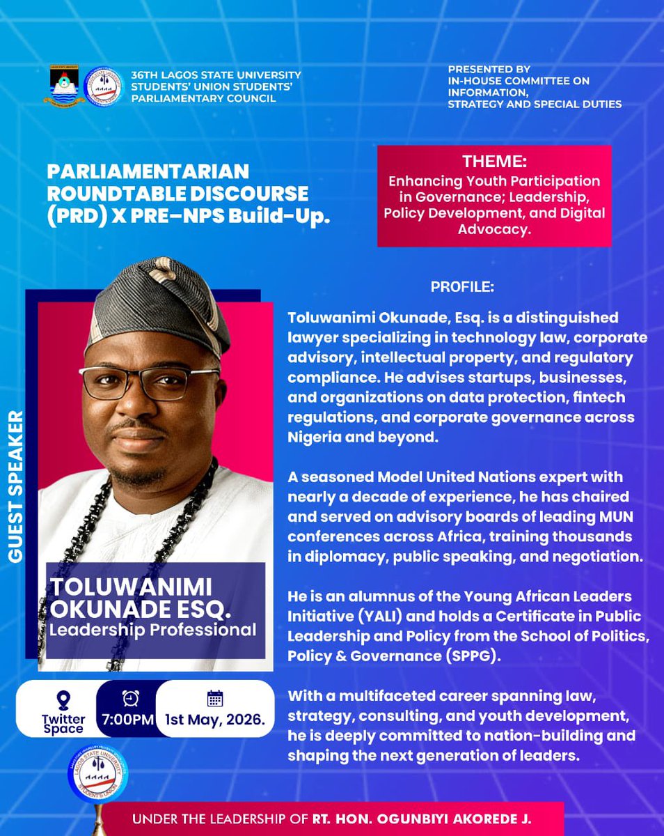 INTRODUCING OUR THIRD SPEAKER 🔥💃

Leadership is not just a declaration, it is a work in motion. And with every fibre in him, our speaker embodies the true essence of leadership.

Mr. Toluwanimi Okunade — a multi-dimensional individual who cuts across different spaces leaving….