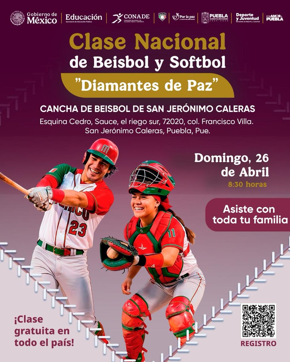 DeporteGobPue's tweet photo. ¡Ven con toda tu familia y se parte de esta gran experiencia! 🏆✨

📍 Cancha de Beisbol de San Jerónimo Caleras.
🗓️ Domingo, 26 de abril.
🕗 8:30 horas.
🎟️ ¡Entrada libre! Escanea el QR de la imagen para tu registro o da cliack a este link https://t.co/l7PhRF86q7 https://t.co/HNhEZEiR9T