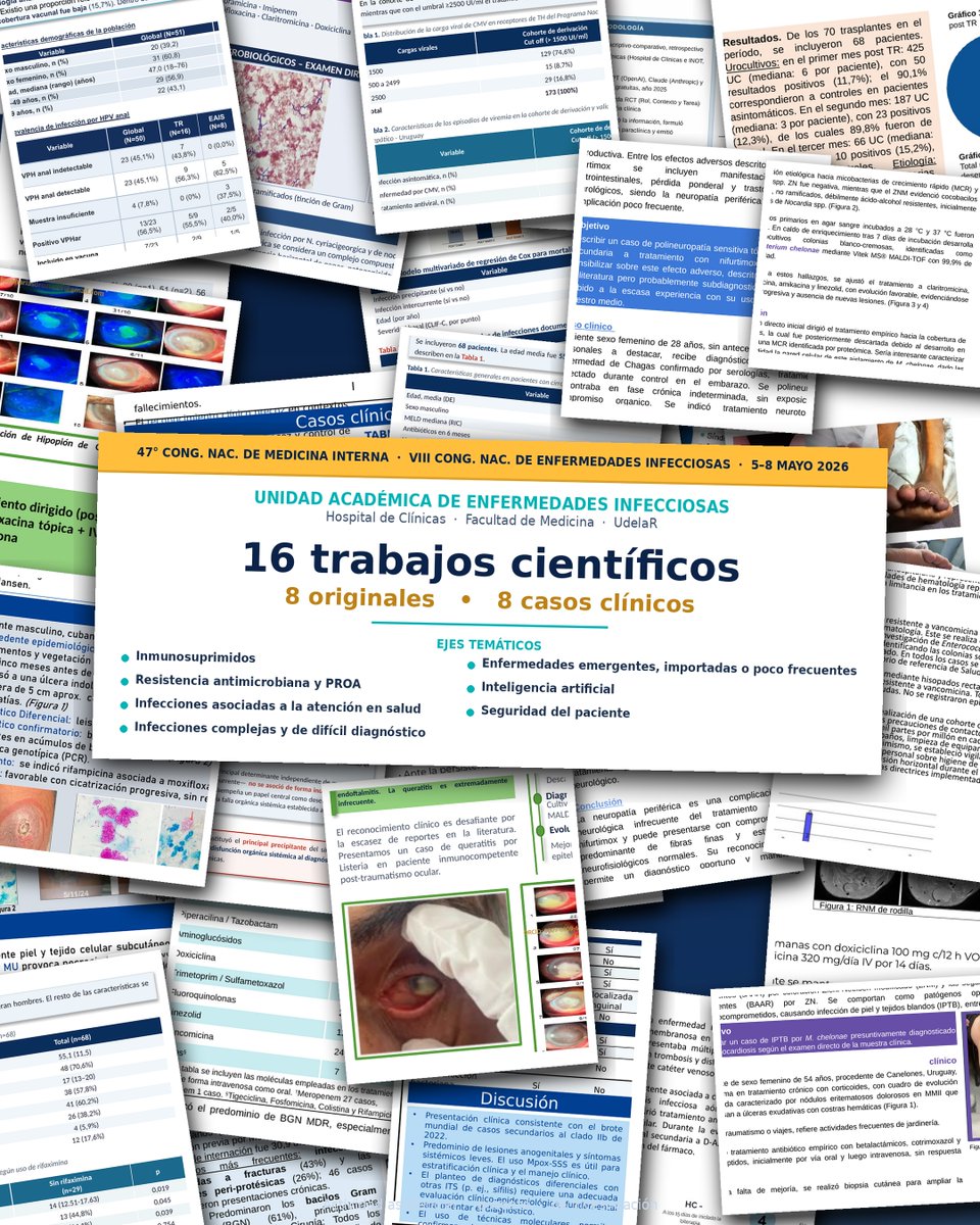 La Unidad Académica de Enfermedades Infecciosas (Hospital de Clínicas, UdelaR) participará en el 47° Congreso Nacional de Medicina Interna y el VIII Congreso Nacional de Enfermedades Infecciosas con 16 trabajos (8 originales y 8 casos clínicos), desarrollados en un marco de