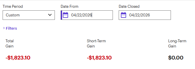 NarcissistX10's tweet image. 🔻-$1823.10 realized loss for April 22nd, 2026

🟢+$7774.81 unrealized gain

🟢$5951.71 net gain

Rolled the ITM calls, will get the realized gain back later.

Account was a net gain of 7.77% today

💲13.1% cash

#LFG NFA DYOR