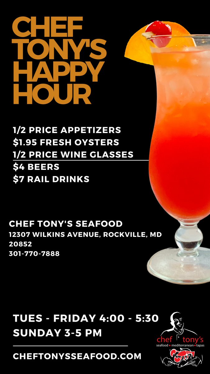 🍸🦪 HAPPY HOUR, THE WAY IT’S SUPPOSED TO BE 🦪🍸

At Chef Tony’s Seafood – Rockville, Happy Hour isn’t about shortcuts.
It’s about great food, great drinks, and the same standards we’ve lived by for 19 years in Montgomery County.

✨ THE DEALS:
• ½-Price Appetizers
• $1.95
