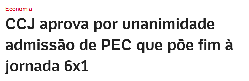 VITÓRIA! A NOSSA LUTA COMEÇA AVANÇAR:

 CCJ aprova PEC do fim da jornada de trabalho 6x1 e tema avança na Câmara.  

Proposta reduz carga horária máxima de trabalho por semana; texto foi aprovado por unanimidade e deve seguir para análise de comissão especial.  Um grande passo