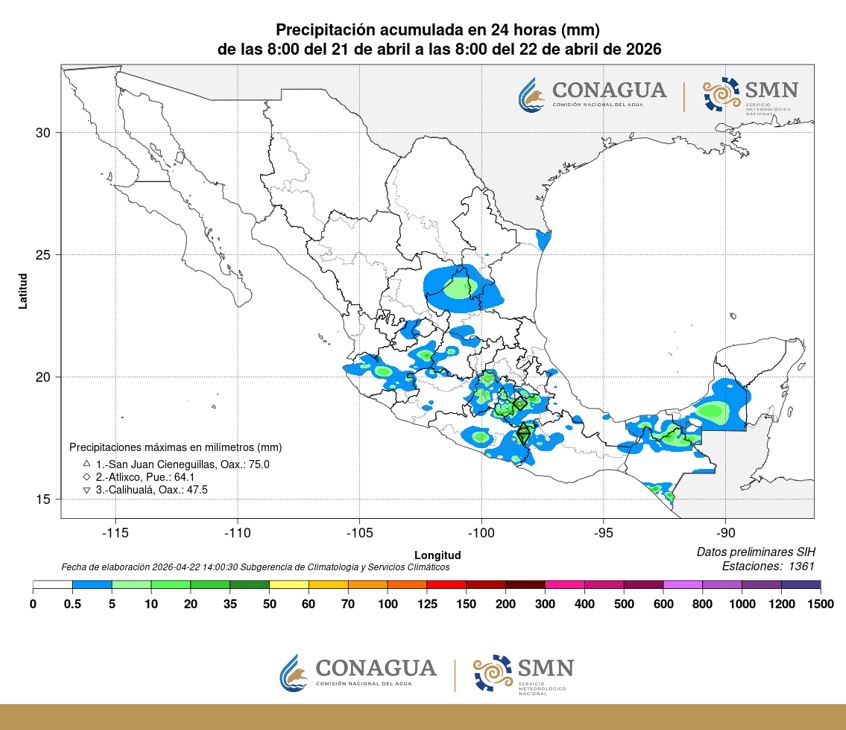 conagua_clima's tweet image. Los mayores acumulados de #Lluvia en 24 horas, se observaron en regiones de #Oaxaca y #Puebla. Los registros diarios de #Temperaturas mínimas y máximas, también los puedes consultar aquí  ⬇️
smn.conagua.gob.mx/es/climatologi…