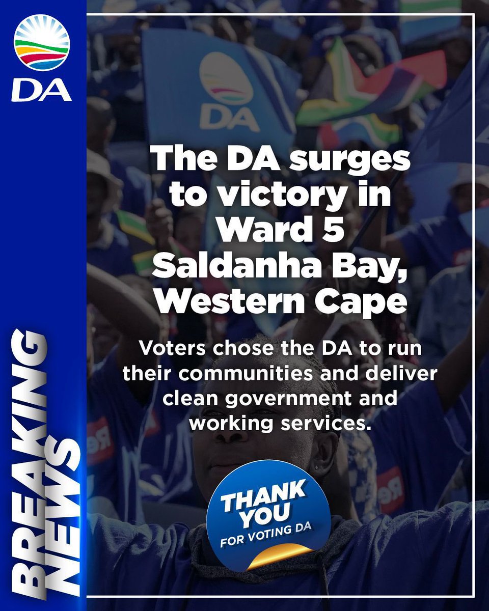 Our_DA's tweet photo. 🚨 BREAKING NEWS:

An 87% result in today’s by-election. Voters have rejected chaos, rejected coalitions of convenience, and chosen a party that delivers for Saldanha Bay.

The community of Ward 5 has spoken with absolute clarity.

We will not take this trust for granted, we will keep Saldanha Bay working.