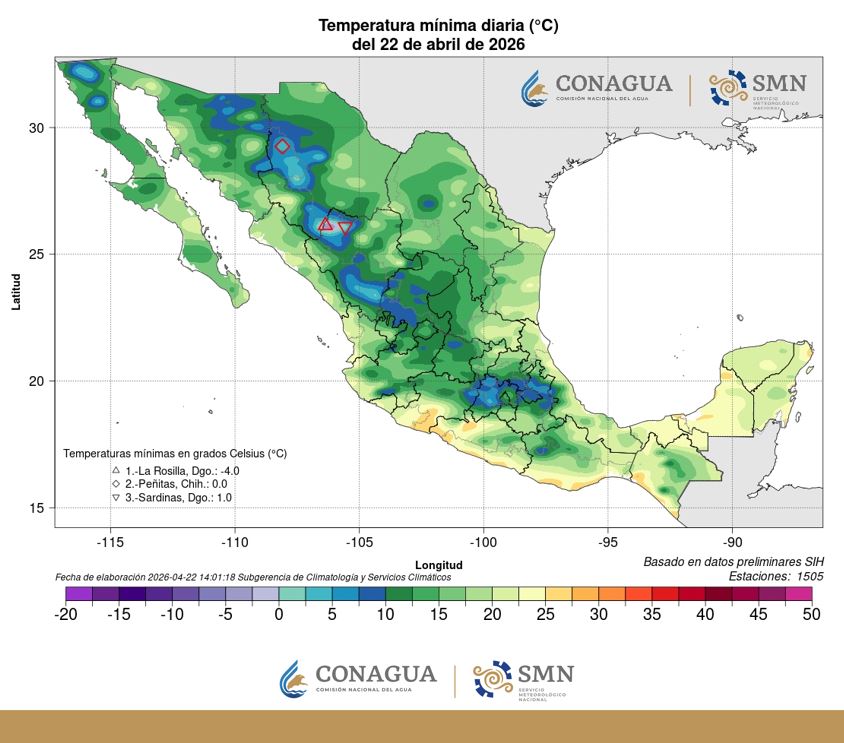 conagua_clima's tweet image. Hoy, las #Temperaturas más bajas en #México se registraron en regiones de #Durango y #Chihuahua. Las tonalidades violetas representan valores inferiores a 0 grados #Celsius. Más información en el link  ⬇️
smn.conagua.gob.mx/es/climatologi…