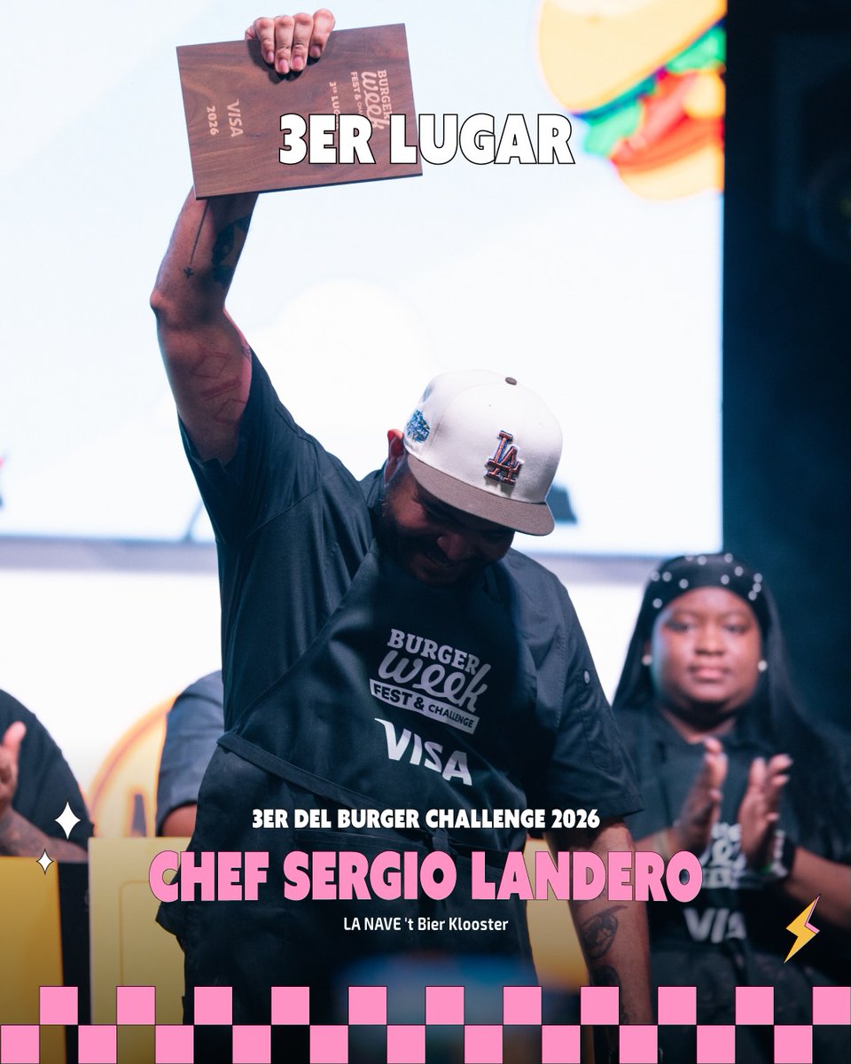 PanamaWeek's tweet photo. Burger Week Challenge 2026 🍔🔥

👨🏻‍🍳 10 chefs en vivo (9 jueces + favorita del público) con un twist a sus burgers originales ⚡️

🥇Elías Rodríguez (La Pulpería)
🥈Jenny Guerra (Flavors)
🥉Sergio Landero (Bier Klooster)
👏🏼 ¡Felicidades a todos!

*Solo 69 chefs aceptaron el reto https://t.co/TbYx3QwJPM
