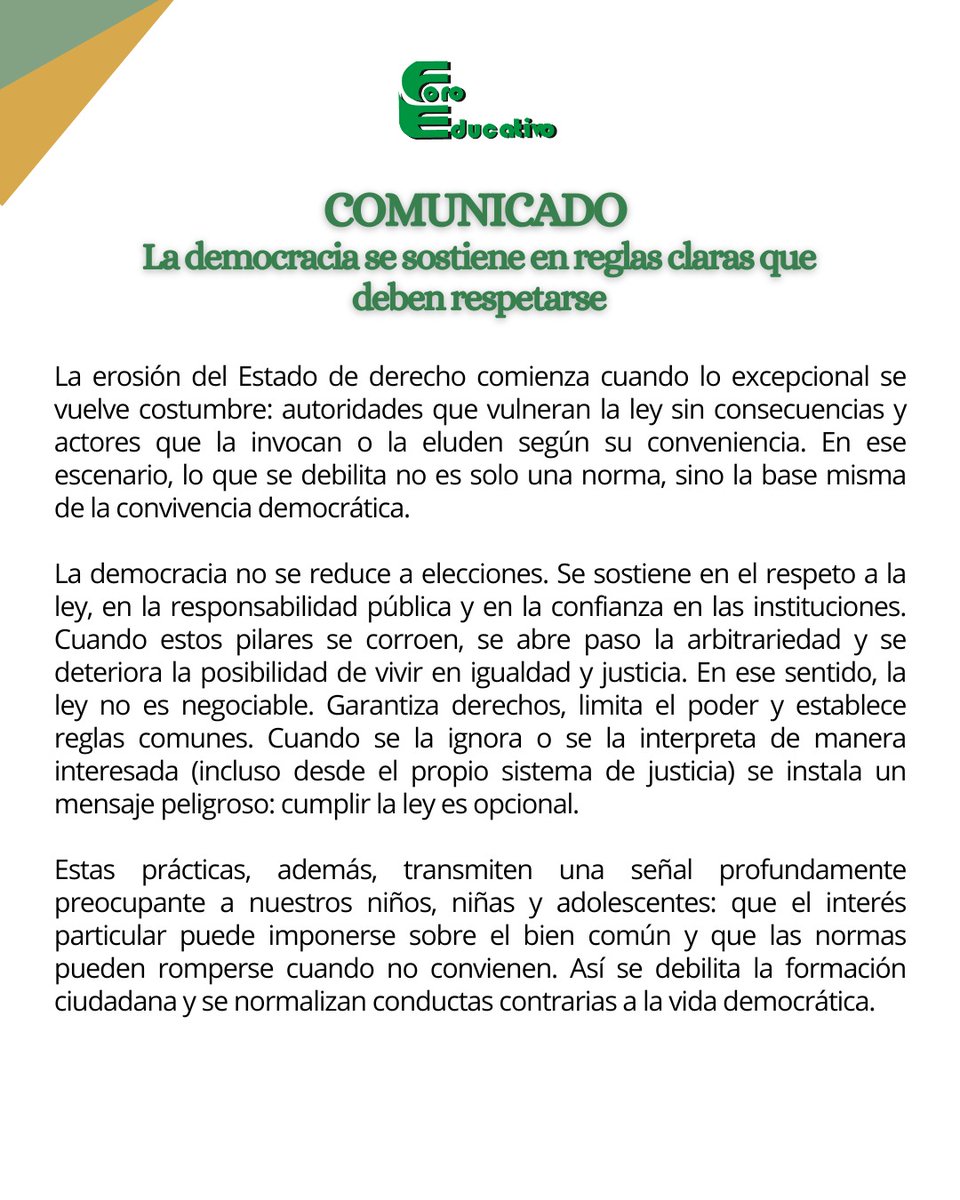 Foroeducativo's tweet image. 🏛️ #Pronunciamiento | La democracia se sostiene en reglas claras que deben respetarse. La democracia no puede estar subordinada a cálculos políticos de corto plazo. Defender el Estado de derecho es defender el voto ciudadano.

#Democracia #EstadoDeDerecho #VotoCiudadano